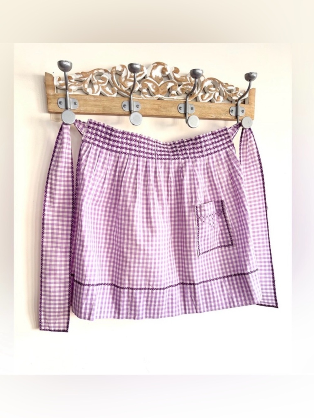 Vintage Handmade Apron Purple Gingham Tie Back , Pocket Cross Stitch Detailing